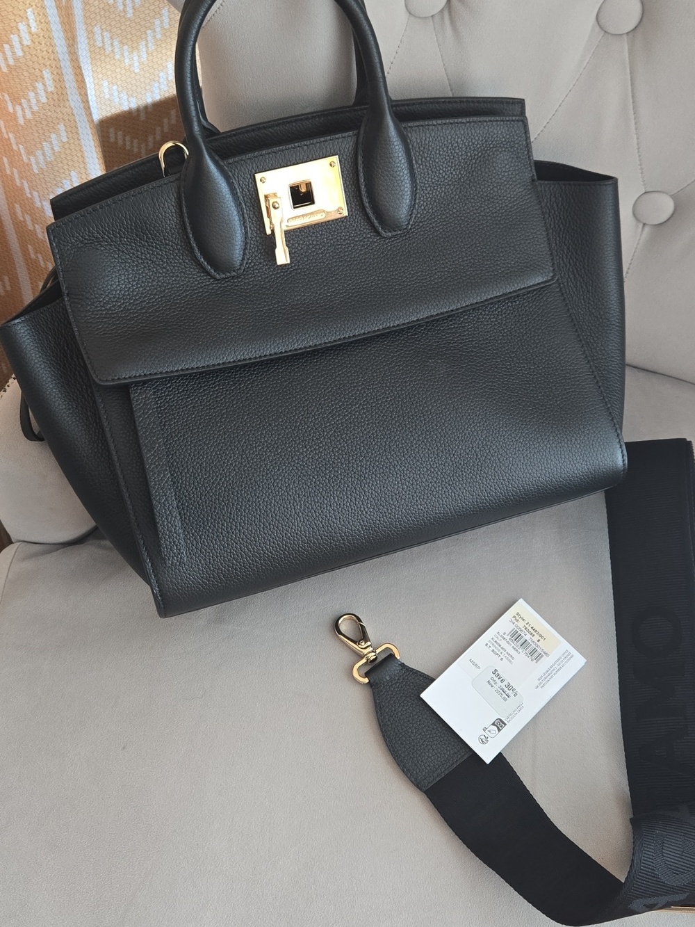 Salvatore Ferragamo Black Pebbled Leather Satchel Studio Bag with Gold Hardware